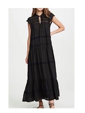 Free People Midnight Midi Dress Tiered Ruffle Lace Polka Dot Black Embroidered